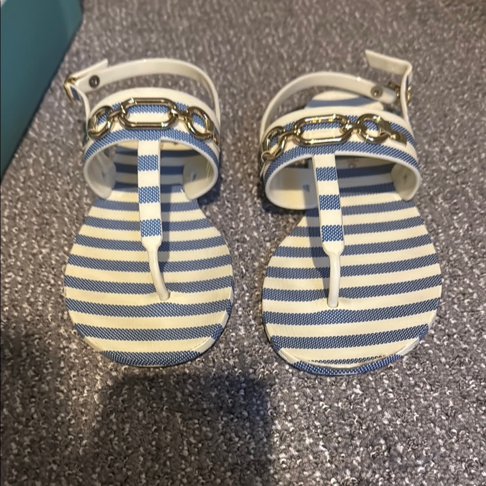 Kate Spade Blue and White Striped Sandals with Gold Accents
